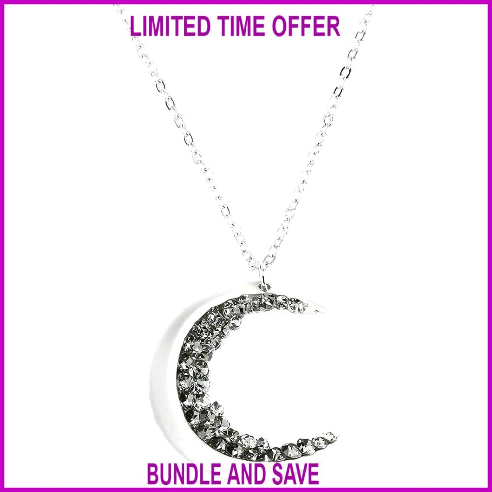 Crystal Crescent Moon Necklace, 17.5" Chain, Silver Plated, Best Friend Gift